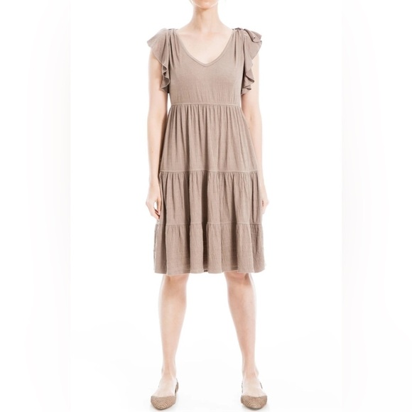 Max Studio Ruffle Cap Sleeve Tiered Jersey Babydoll Dress-Mocha- Size Large NWT - Picture 1 of 3